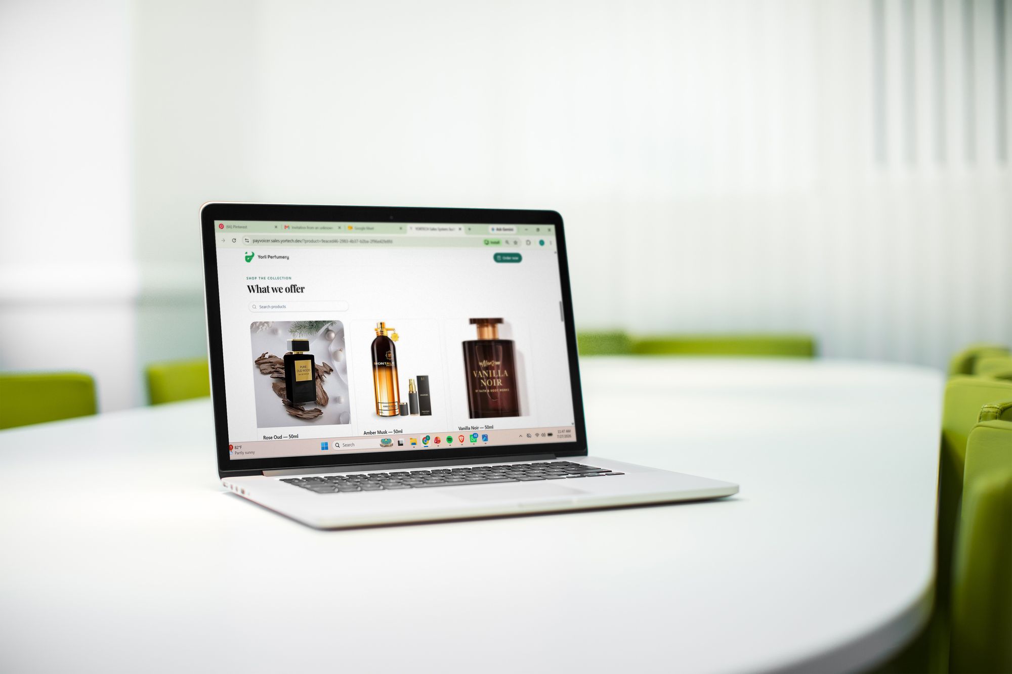 The Yorli Perfumery storefront, running on YORTECH, open on a laptop